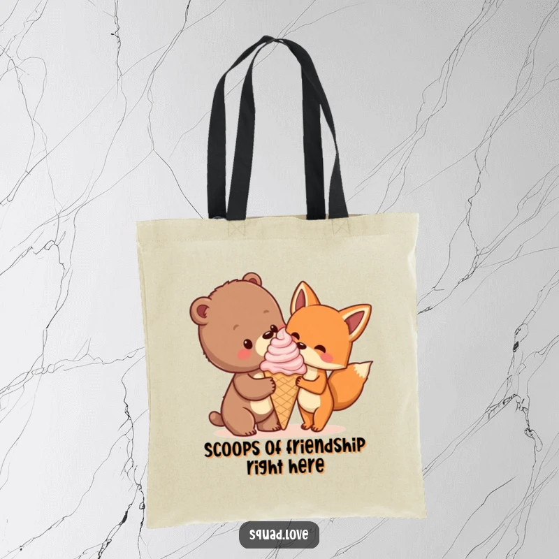 Funny tote bag with a bear cub and fox sharing a massive ice cream cone, highlighting friendship and a love for treats.
